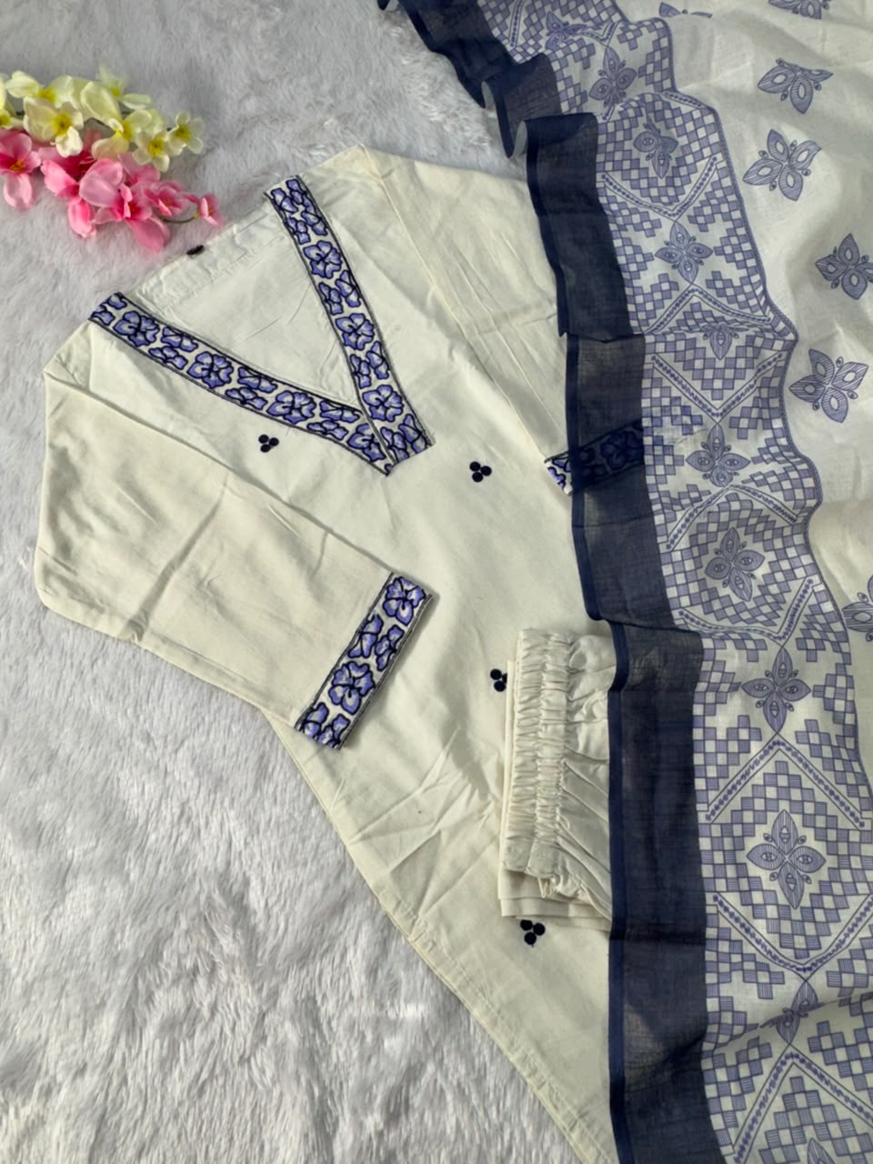 Scrupulous Festive Wear Cotton Embroidery Work Designer Straight Kurta With Trouser Dupatta Set