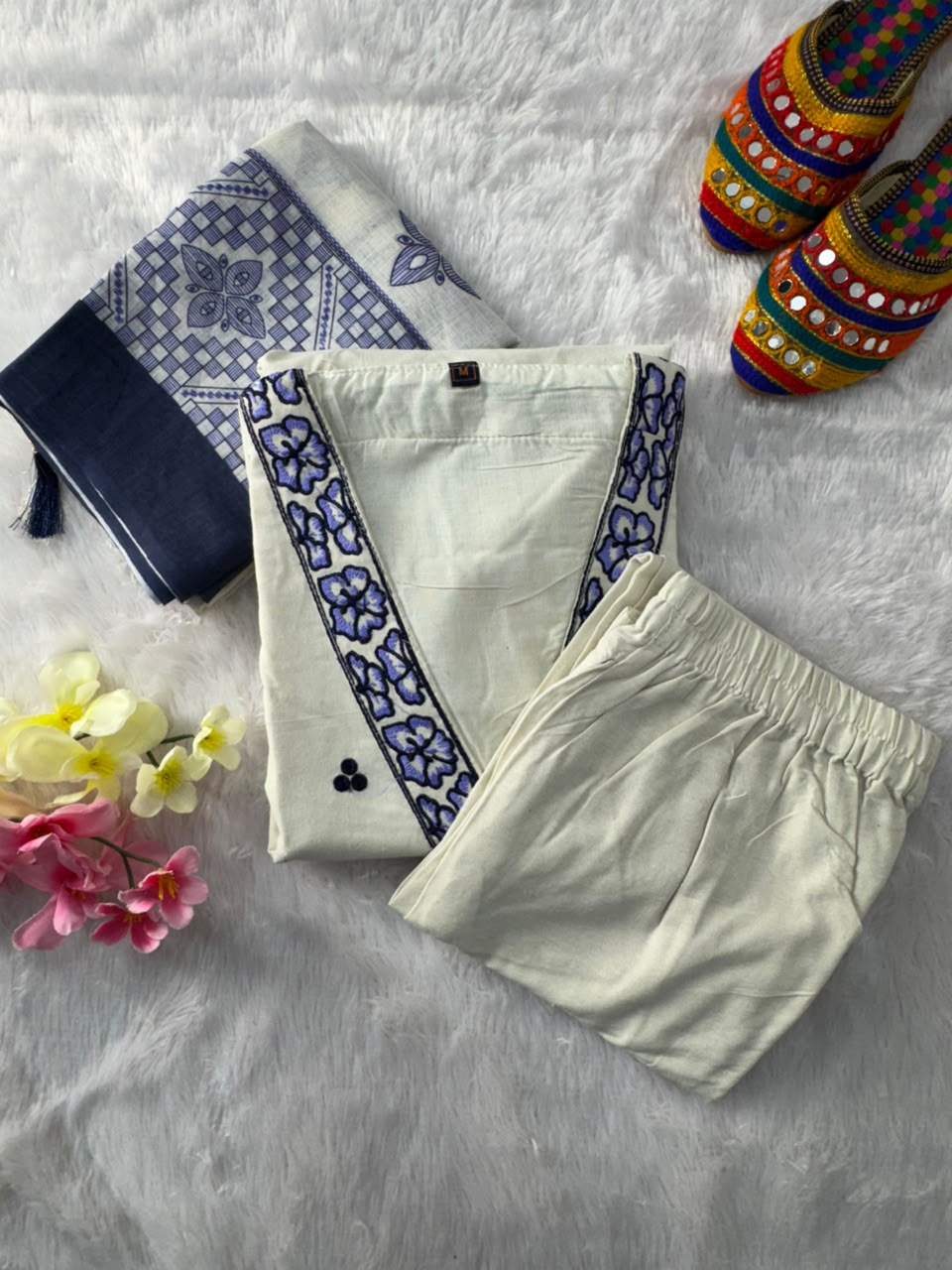 Scrupulous Festive Wear Cotton Embroidery Work Designer Straight Kurta With Trouser Dupatta Set