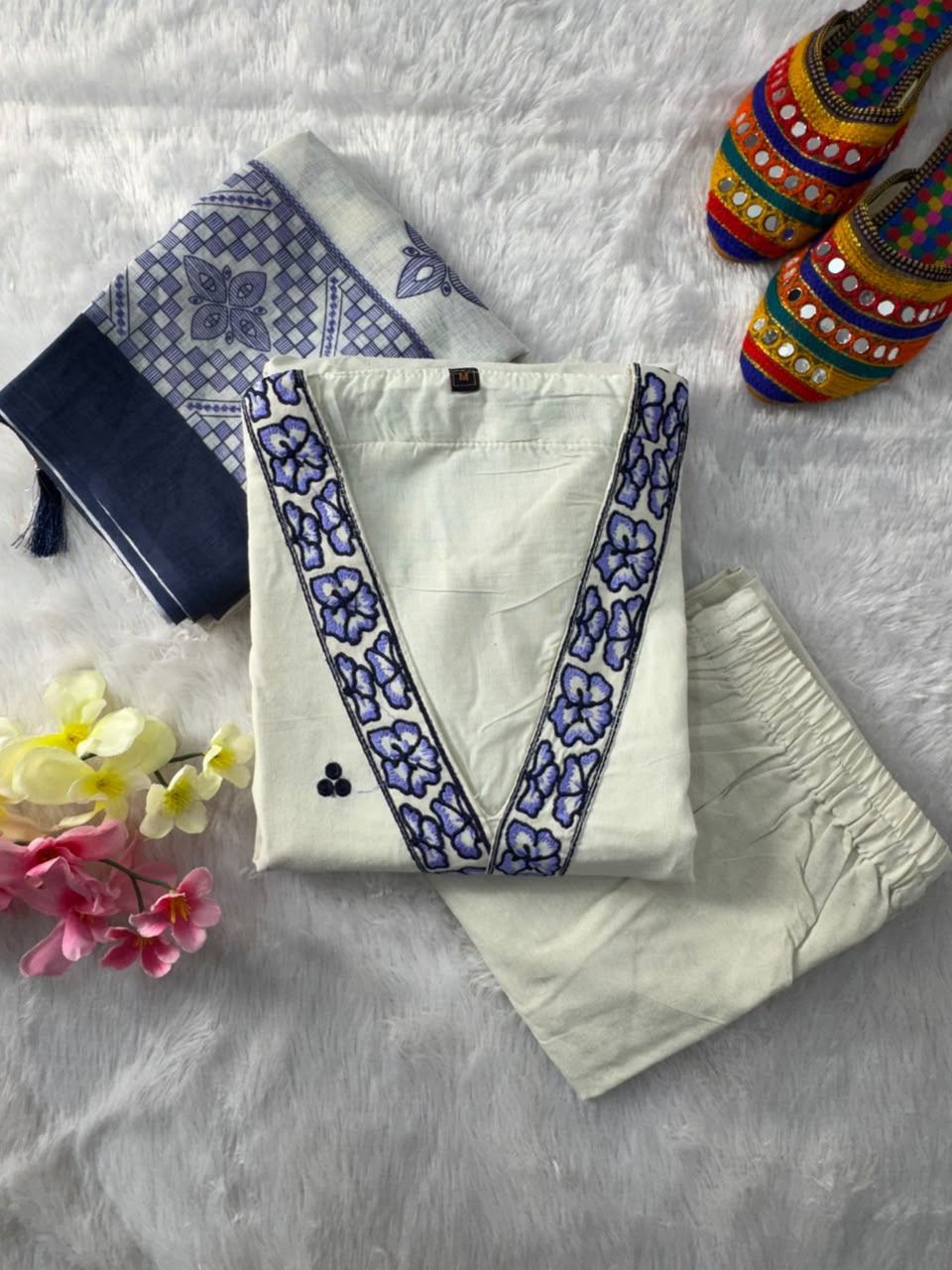 Scrupulous Festive Wear Cotton Embroidery Work Designer Straight Kurta With Trouser Dupatta Set