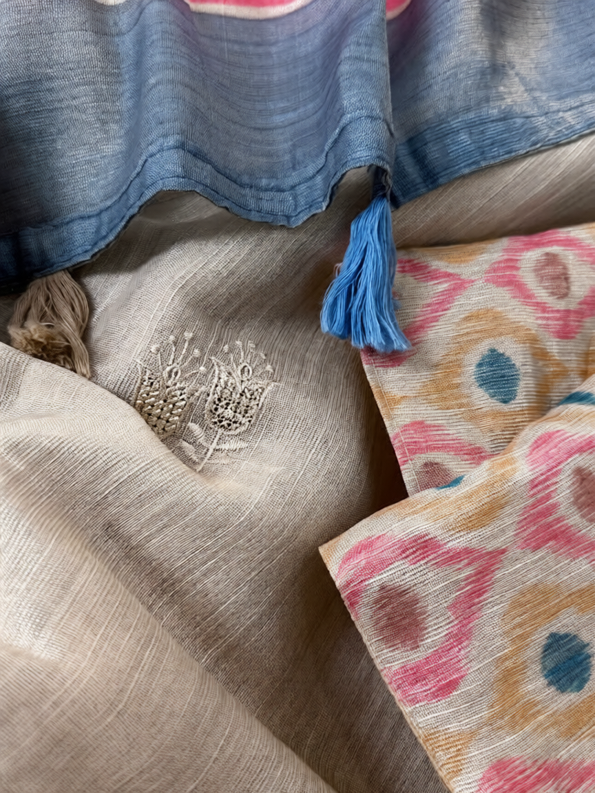 Whimsical Function Wear Linen Cotton Thread n Tussels Pallu Fancy Saree With Unstitched Blouse Piece