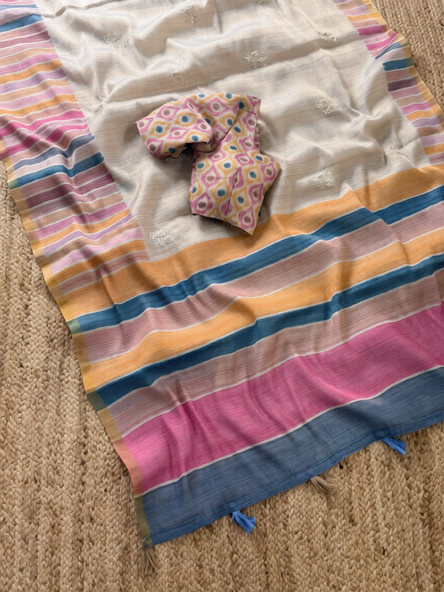 Whimsical Function Wear Linen Cotton Thread n Tussels Pallu Fancy Saree With Unstitched Blouse Piece