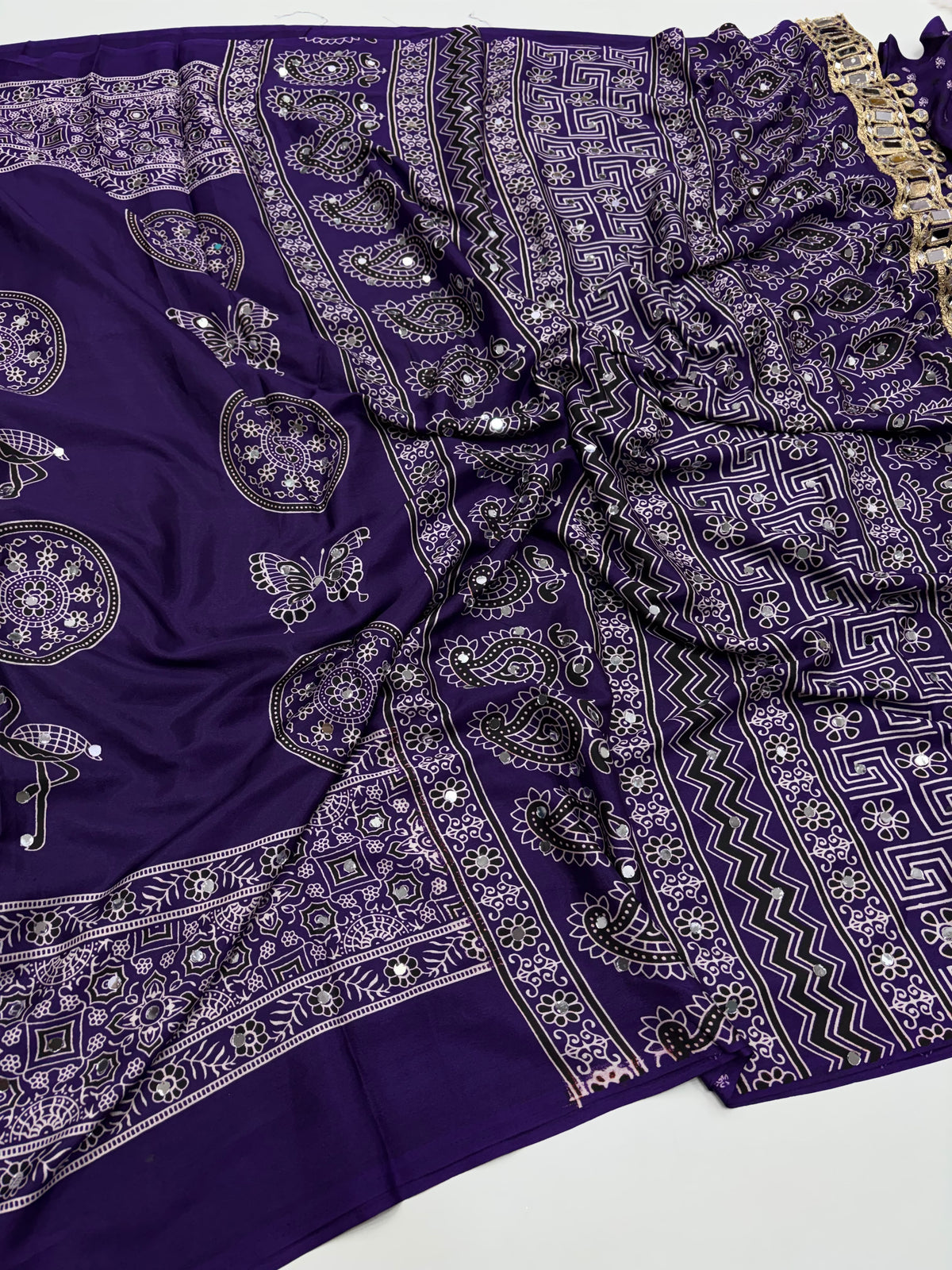 Excellent Festive Wear Pure Silk Ajrak Printed Rich Pallu n Original Mirror Work Designer Saree With Blouse Piece