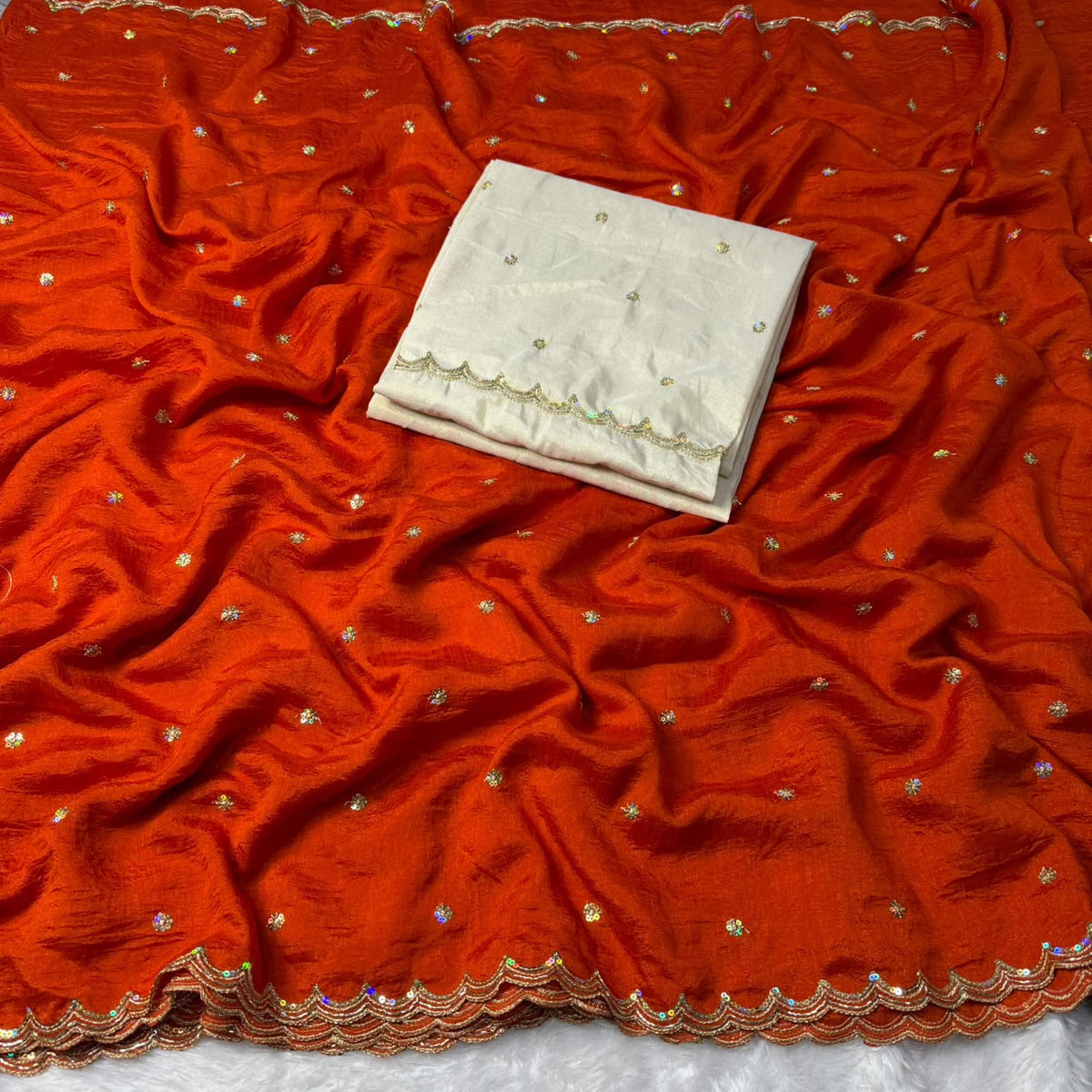 Charismatic Wedding Wear Silk Sequence Work n Flower Butti Desginer Saree With Contrast Blouse Piece
