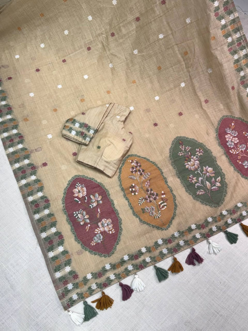 Magnetic Function Wear Linen Cotton Print Design Jacquard Border n Tussles Work Designer Saree With Unstitched Blouse Piece