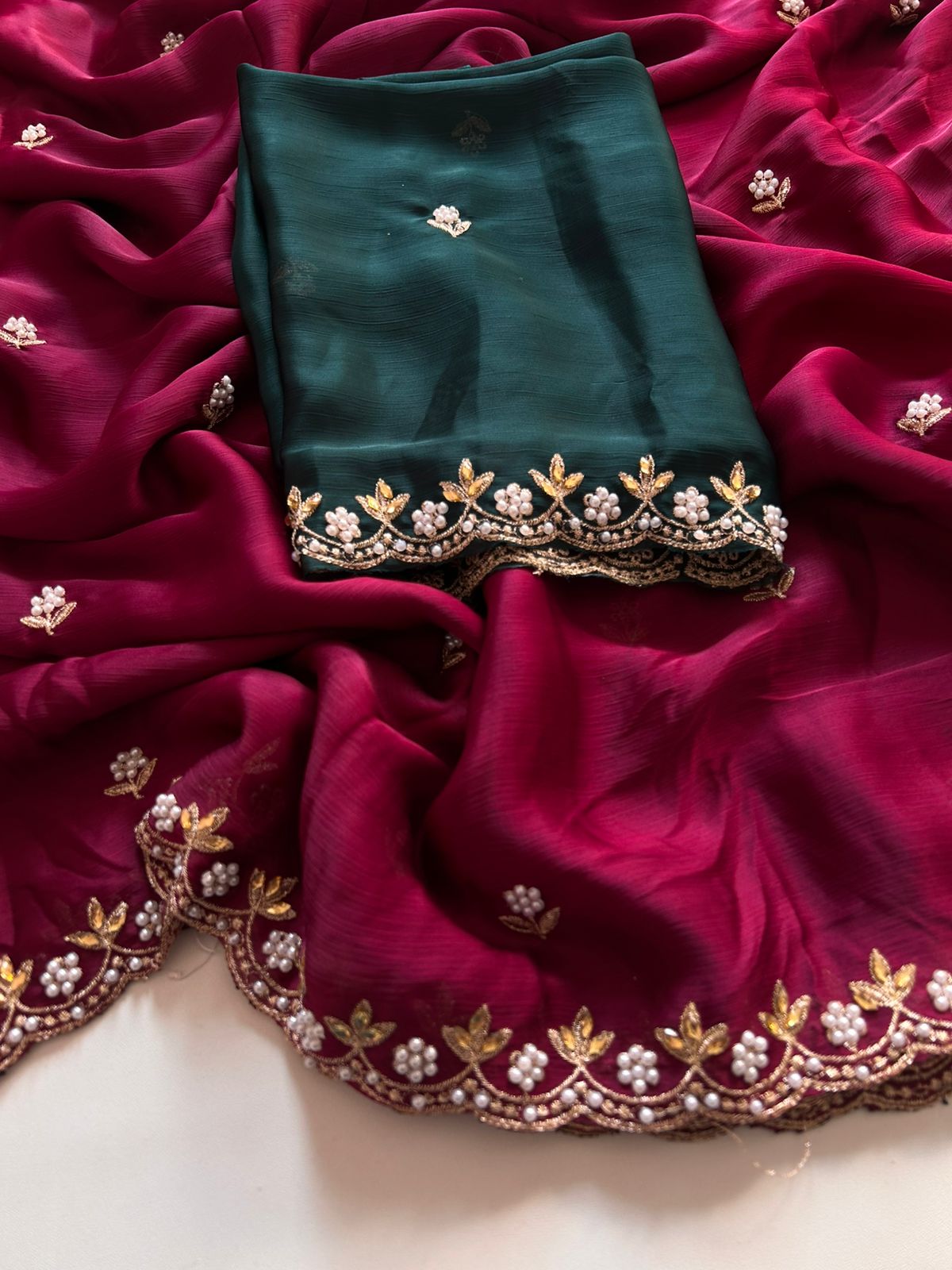 New Partywear Satin Chiffon Embroidery n Diamond Work Fancy Designer Saree With Blouse
