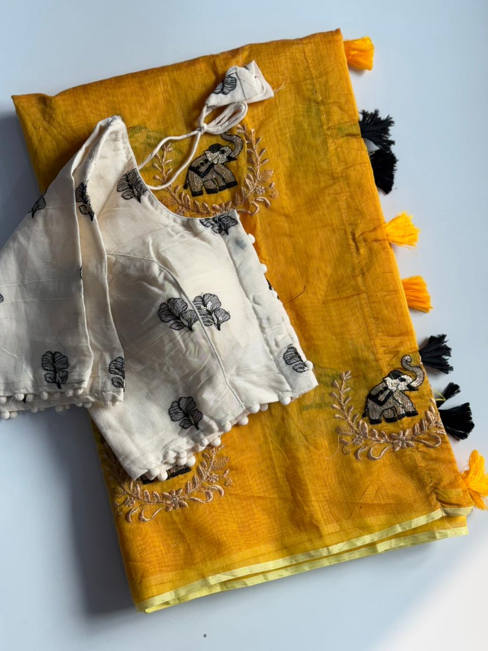 Mellifluous Function Wear Chanderi Cotton Embroidery n Tussels Work Fancy Designer Saree With Stitched Blouse