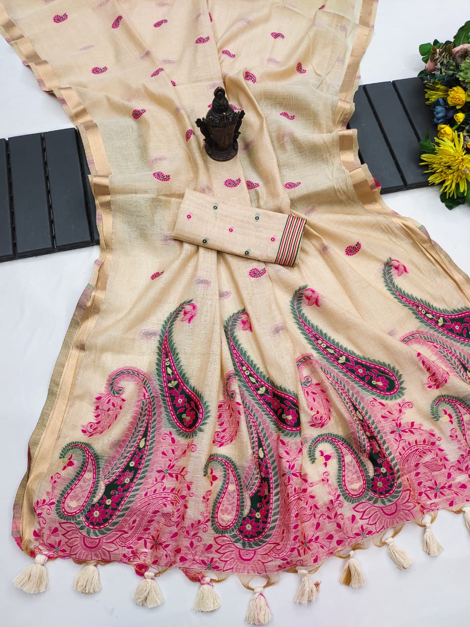 Charming Festive Wear Soft Cotton Zari n Tussels Work Designer Saree With Blouse Piece