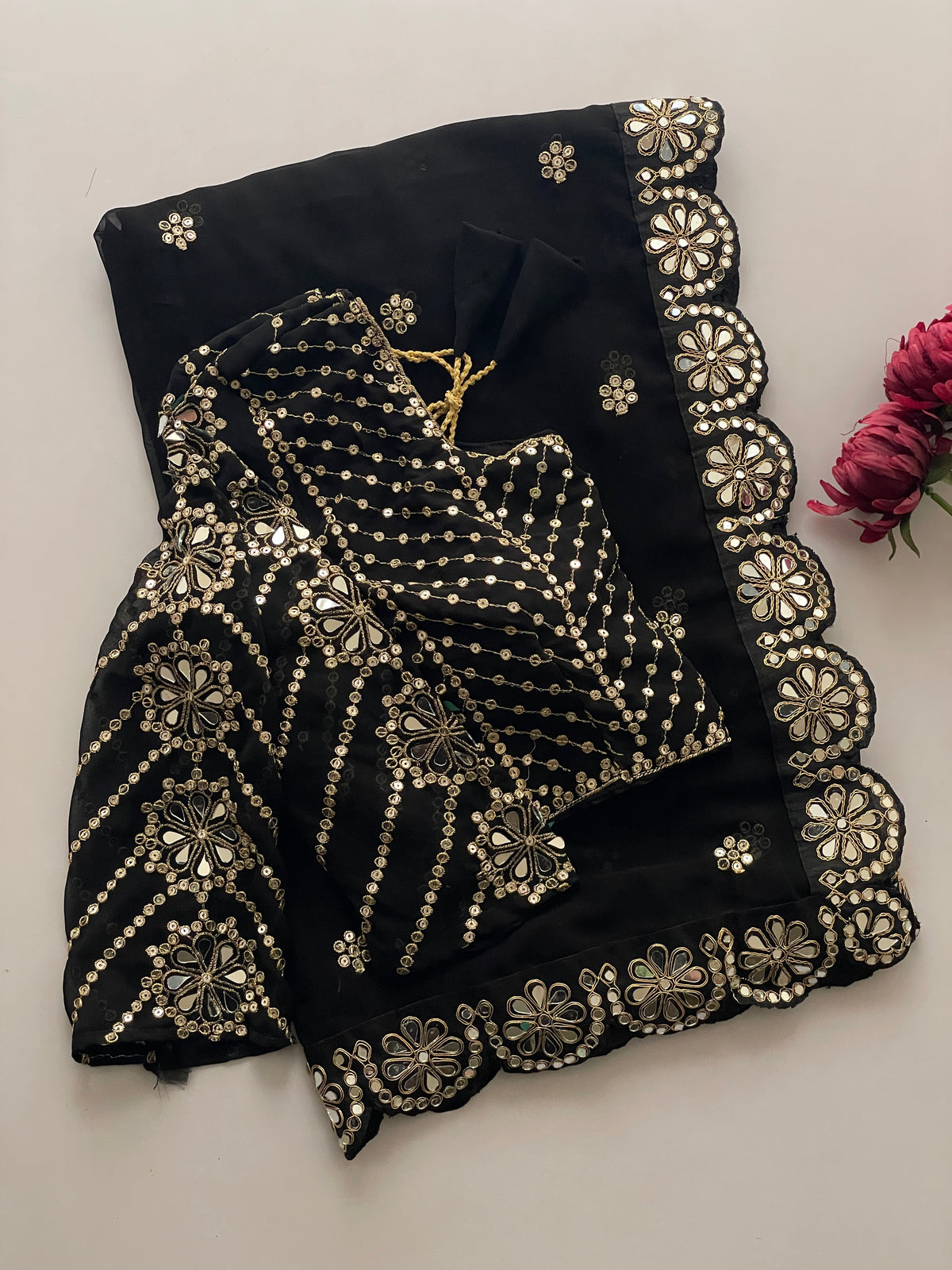 Blossom Party Wear Faux Georgette Sequence Heavy Border n Real Mirror Work Fancy Designer Saree With Unstitched Blouse