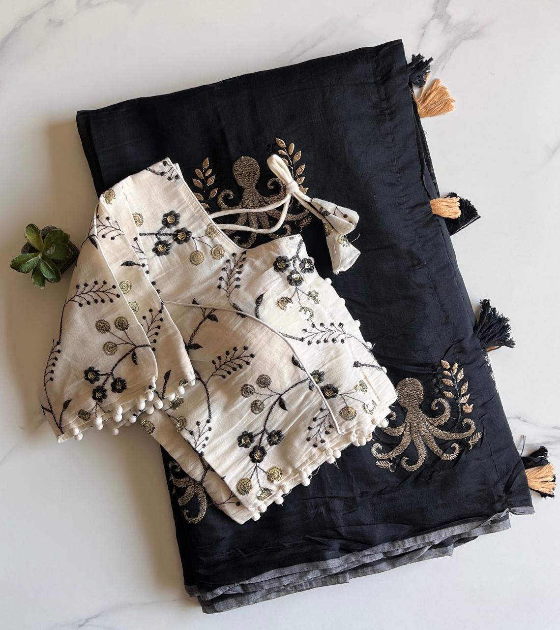 Desiring Function Wear Chanderi Cotton Embroidery n Tussels Work Fancy Saree With Stitched Blouse