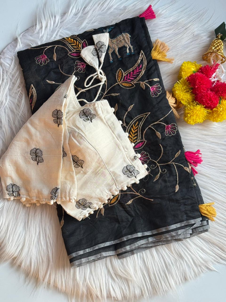 Marvellous Fucntion Wear Chanderi Cotton Heavy Embroidery n Tussels Work Fancy Designer Saree With Stitched Blouse