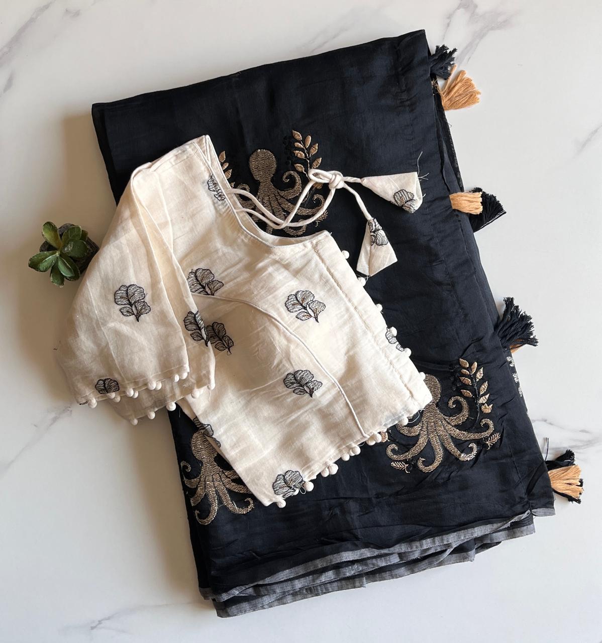 Desiring Function Wear Chanderi Cotton Embroidery n Tussels Work Fancy Saree With Stitched Blouse