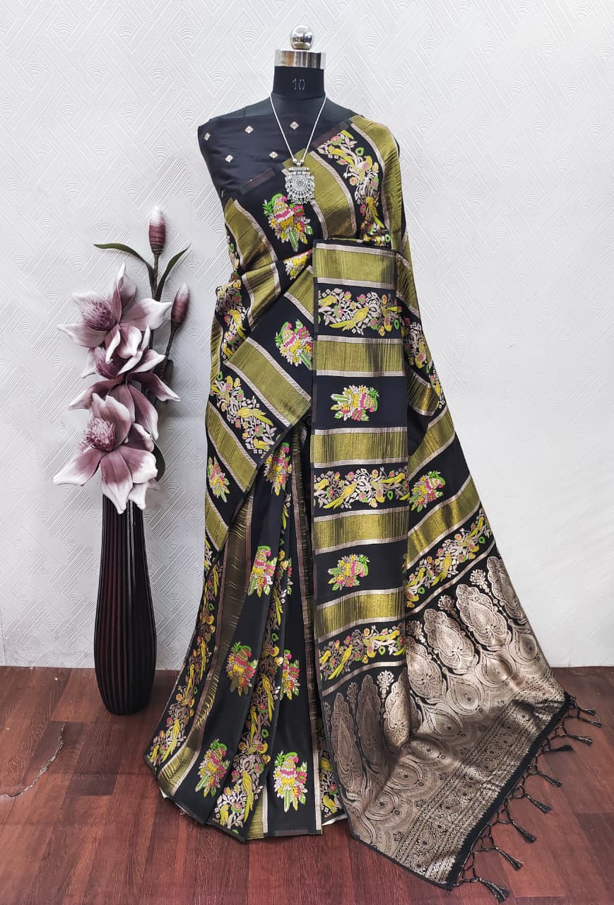 Dazzling Wedding Wear Banarasi Silk Print Design Golden Zari Work Rich Pallu Fancy Saree With Blouse Piece