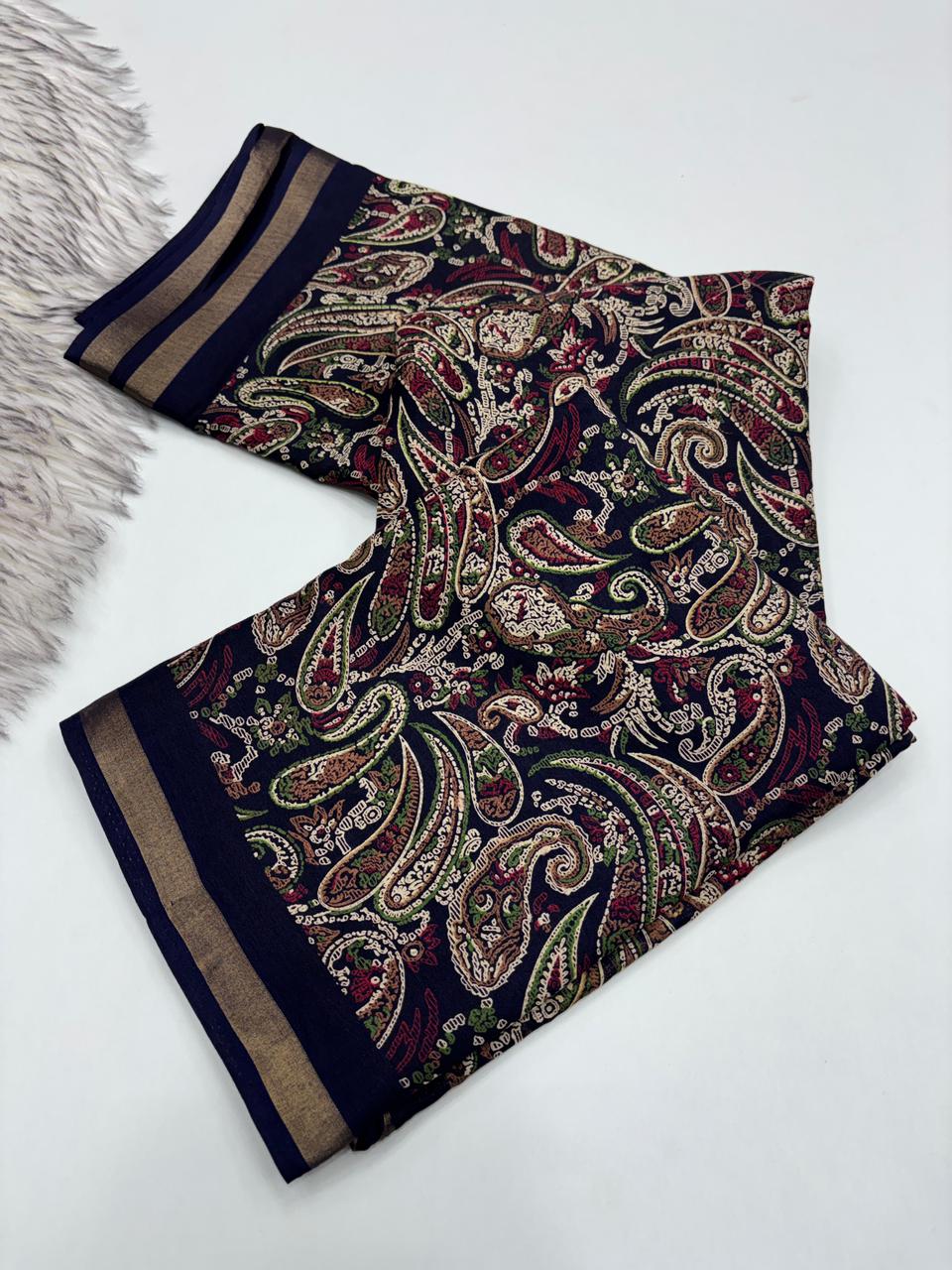 Excellent Party Wear Pure Soft Kashmiri Cotton Silk Designer Printed n Rich Pallu Saree With Blouse Piece