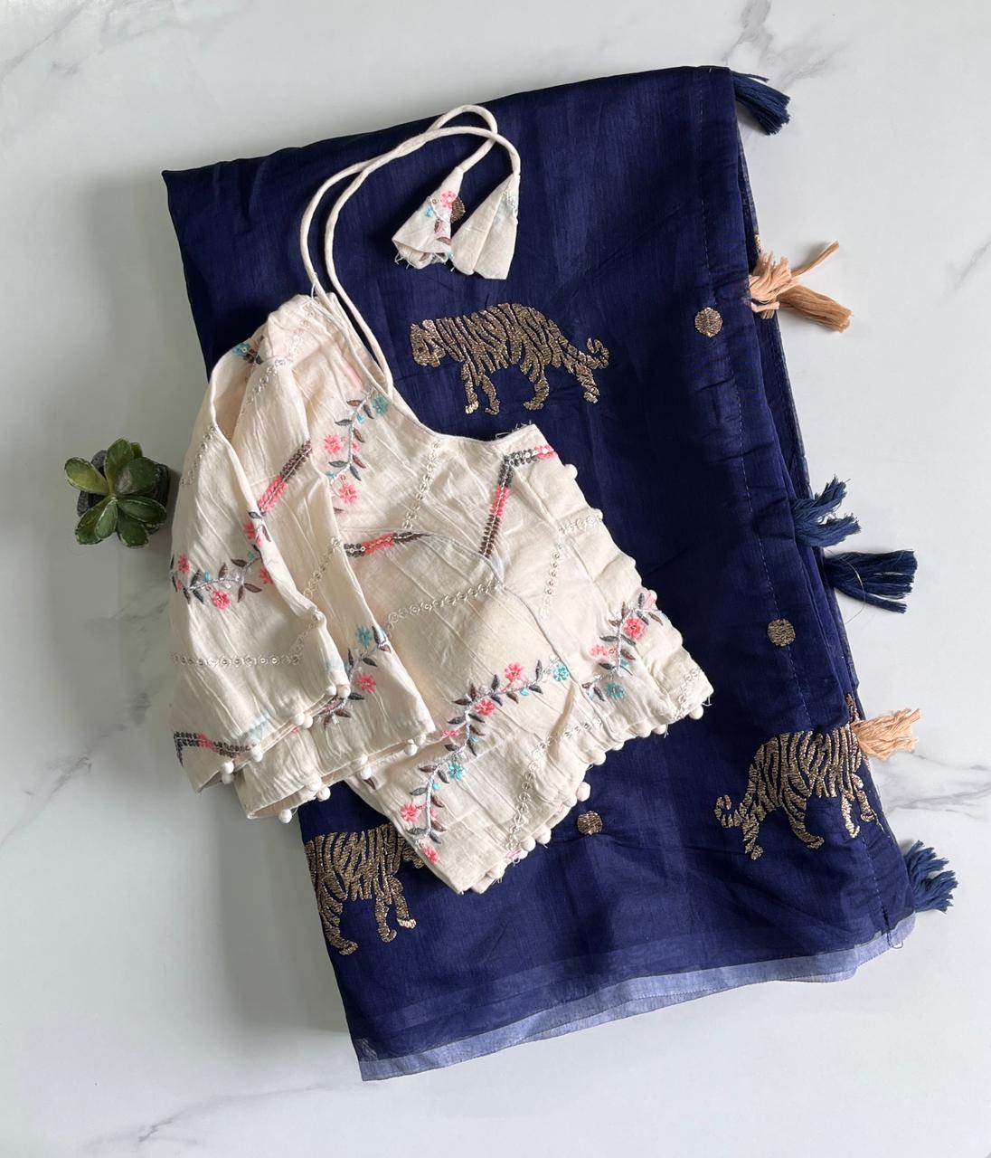 Charismatic Festive Wear Chanderi Cotton Embroidered n Tussels Work Designer Saree With Stitched Blouse