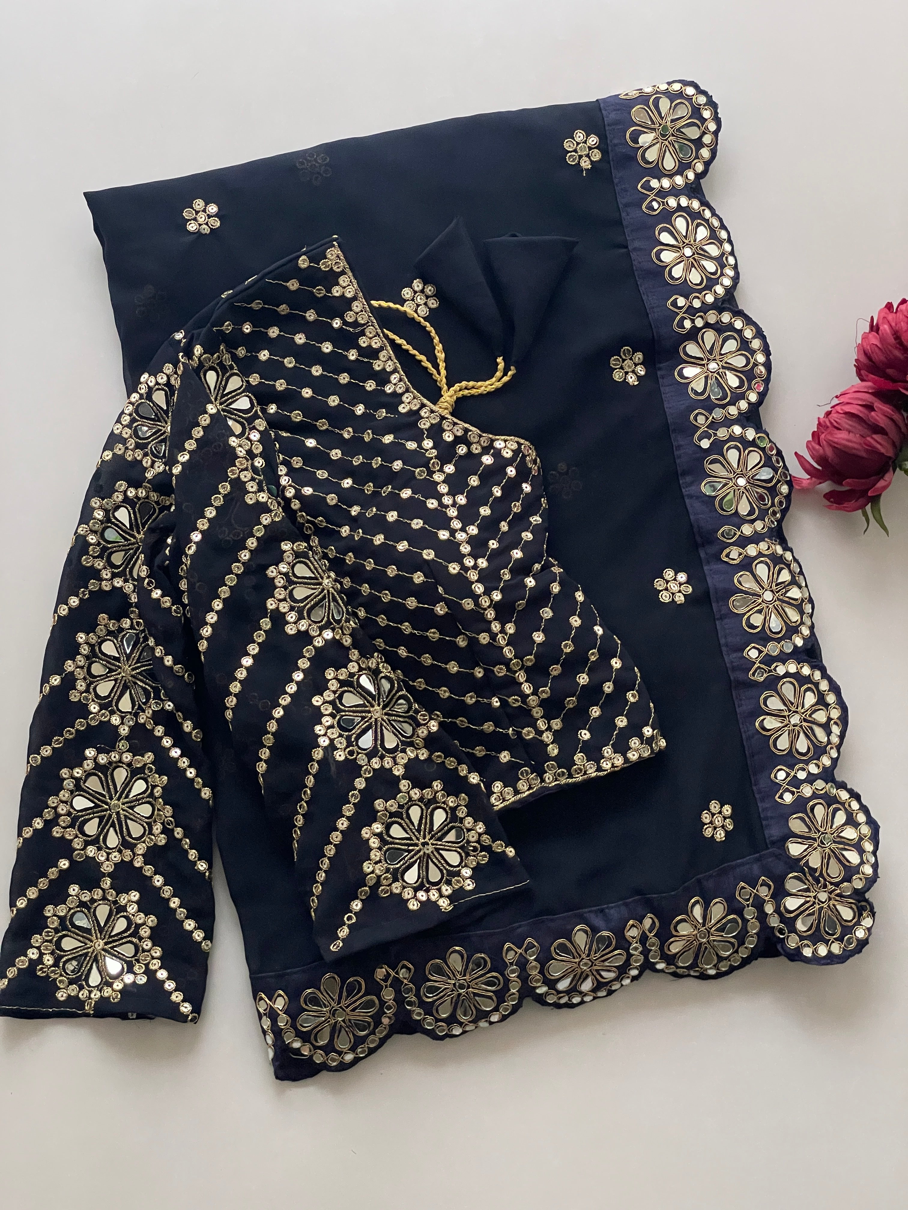 Blossom Party Wear Faux Georgette Sequence Heavy Border n Real Mirror Work Fancy Designer Saree With Unstitched Blouse