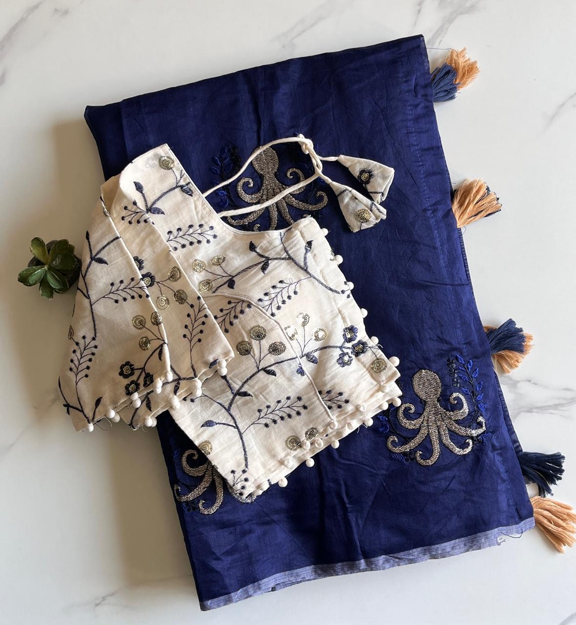 Desiring Function Wear Chanderi Cotton Embroidery n Tussels Work Fancy Saree With Stitched Blouse
