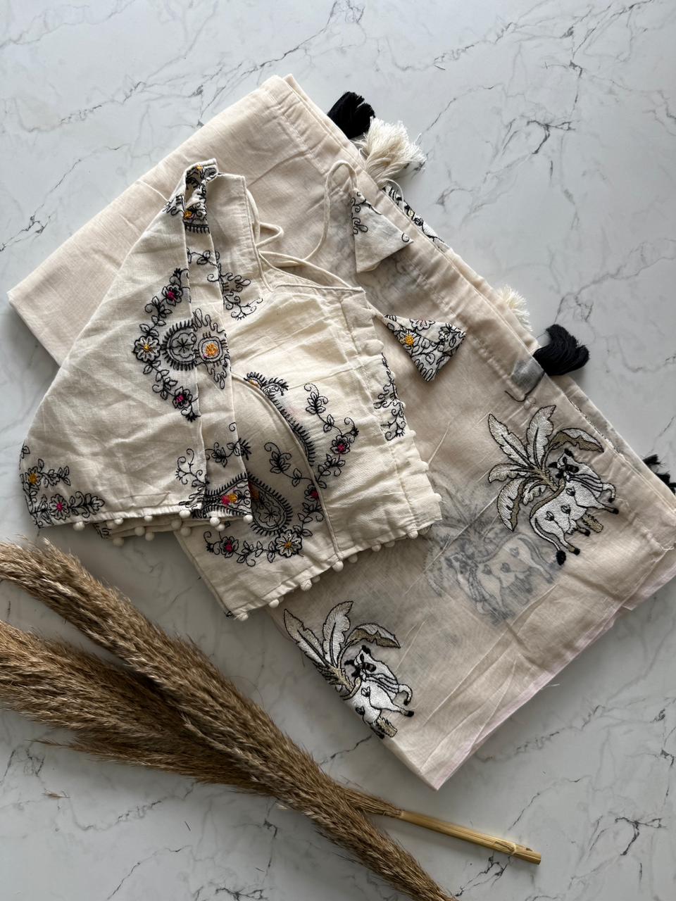 Magnificat Festive Wear Chanderi Cotton Embroidery n Tussels Work Fancy Designer Saree With Stitched Blouse