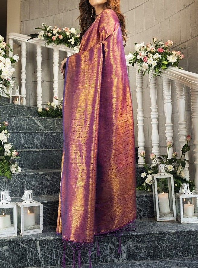 Latest Purple Color Kanjivaram Silk Jacquard Weaving Work Wedding Wear Designer Saree