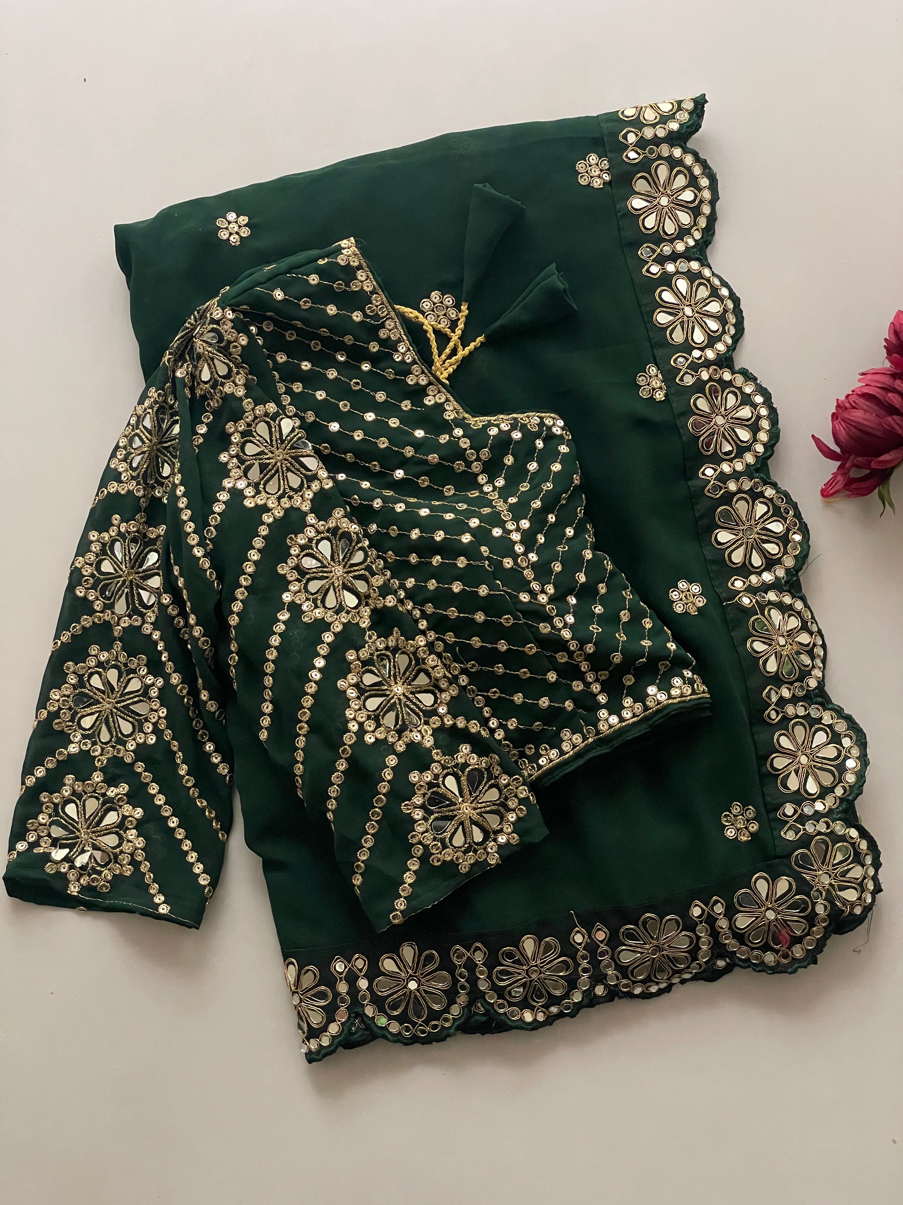 Blossom Party Wear Faux Georgette Sequence Heavy Border n Real Mirror Work Fancy Designer Saree With Unstitched Blouse
