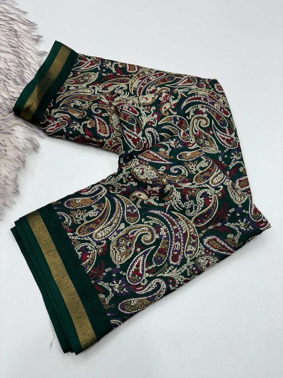 Excellent Party Wear Pure Soft Kashmiri Cotton Silk Designer Printed n Rich Pallu Saree With Blouse Piece