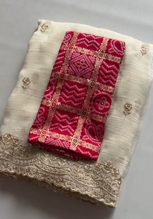 New Cream Color Partywear Crunchy Chiffon Silk Sequence Embroidery n Cut Work Fancy Designer Saree With Jacquard Blouse
