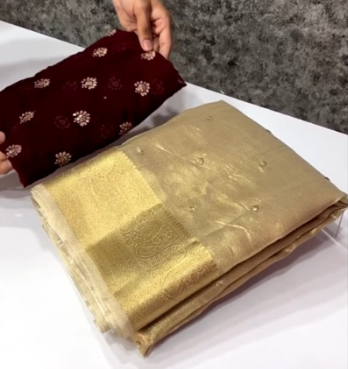Attractive Tissue Silk Gold Color Sequence n Jacquard Work Fancy Designer Saree For Women