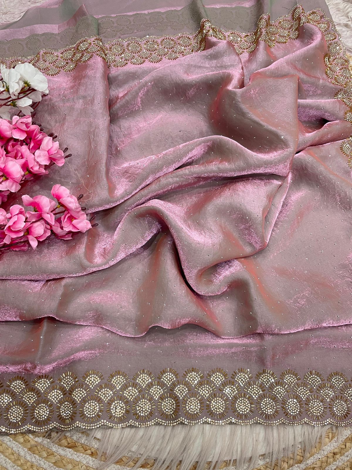 Mellifluous Party Wear Space Silk Jarkhan Heavy Diamond Work Fancy Designer Saree With Blouse