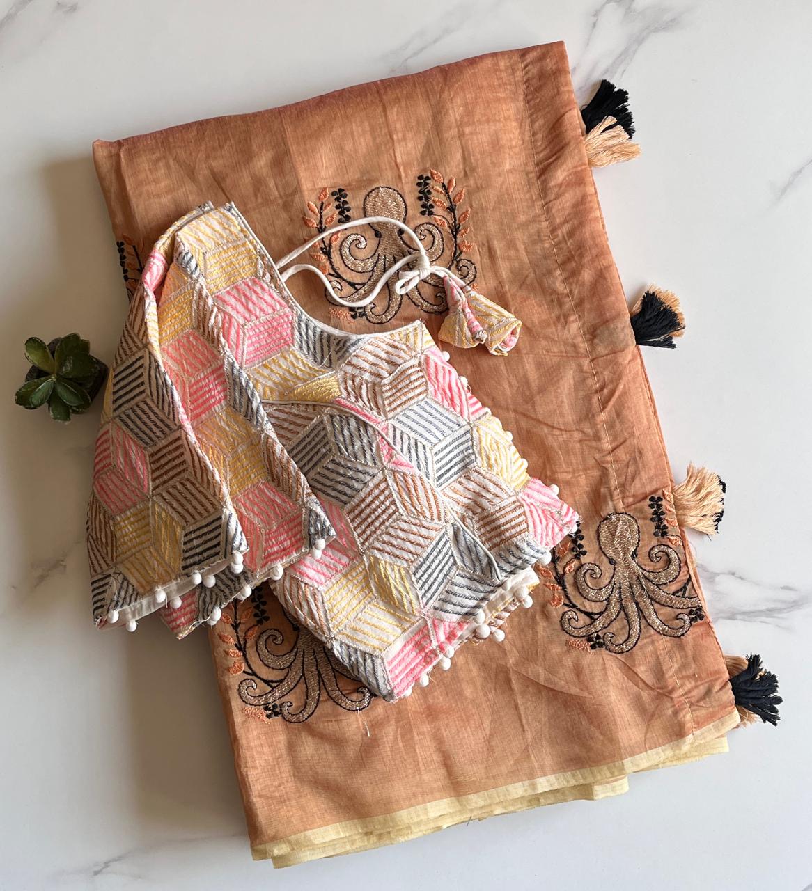 Desiring Function Wear Chanderi Cotton Embroidery n Tussels Work Fancy Saree With Stitched Blouse