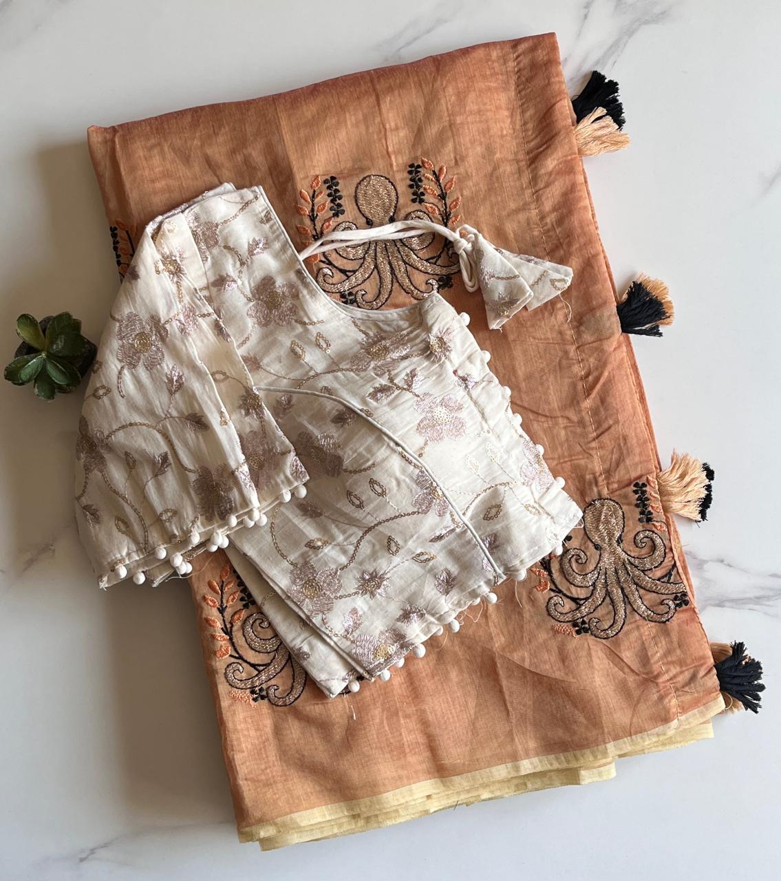 Desiring Function Wear Chanderi Cotton Embroidery n Tussels Work Fancy Saree With Stitched Blouse