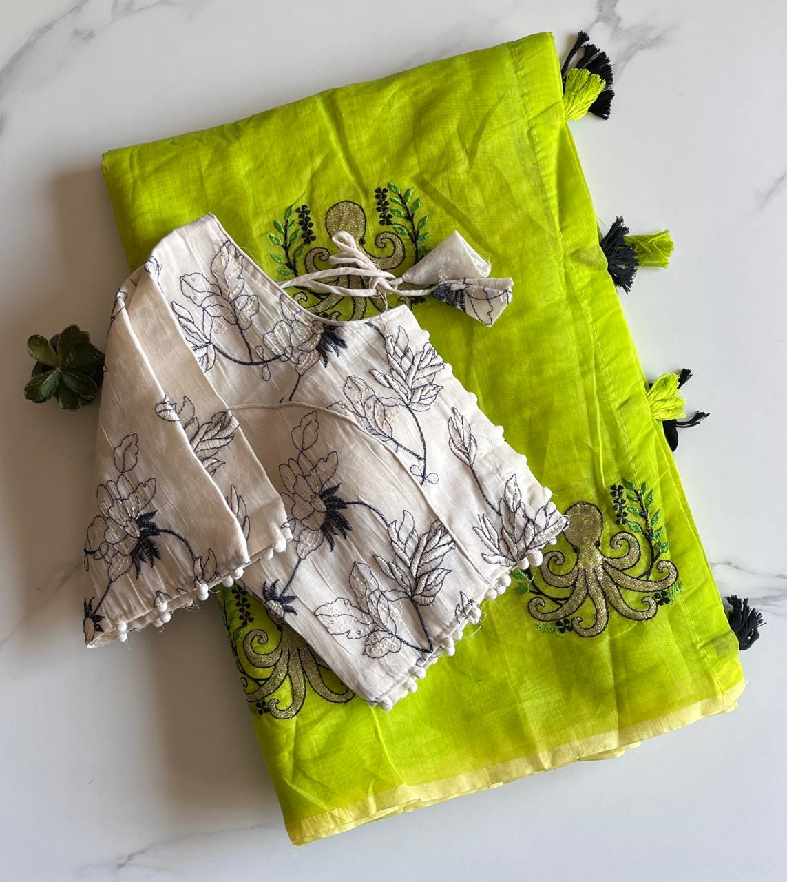 Desiring Function Wear Chanderi Cotton Embroidery n Tussels Work Fancy Saree With Stitched Blouse