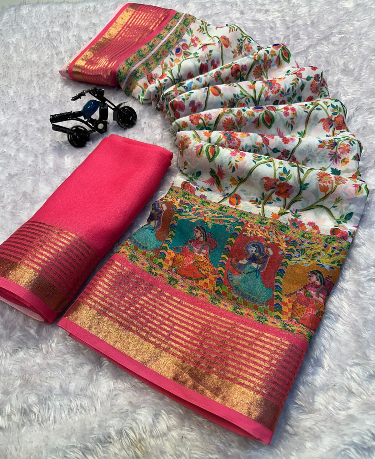 Desiring Festive Wear Georgette Print Design Zari Border Fancy Saree With Blouse Piece