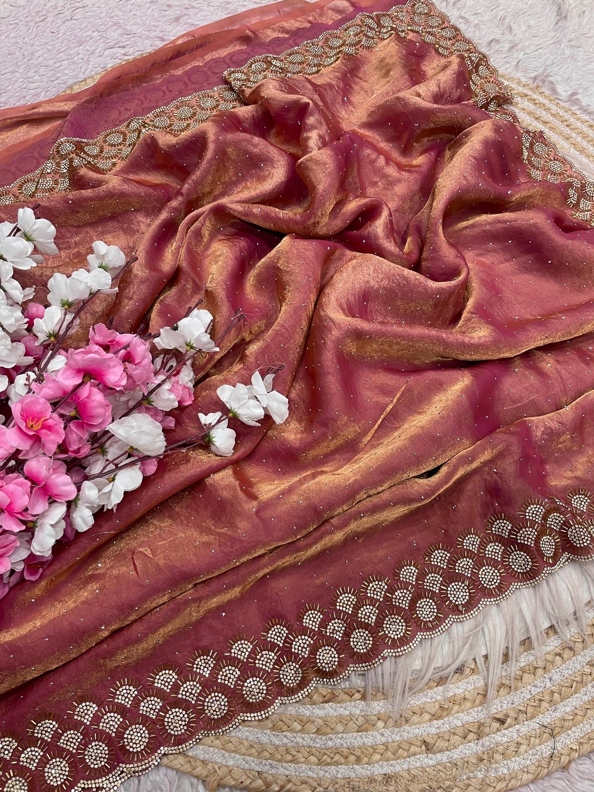 Mellifluous Party Wear Space Silk Jarkhan Heavy Diamond Work Fancy Designer Saree With Blouse