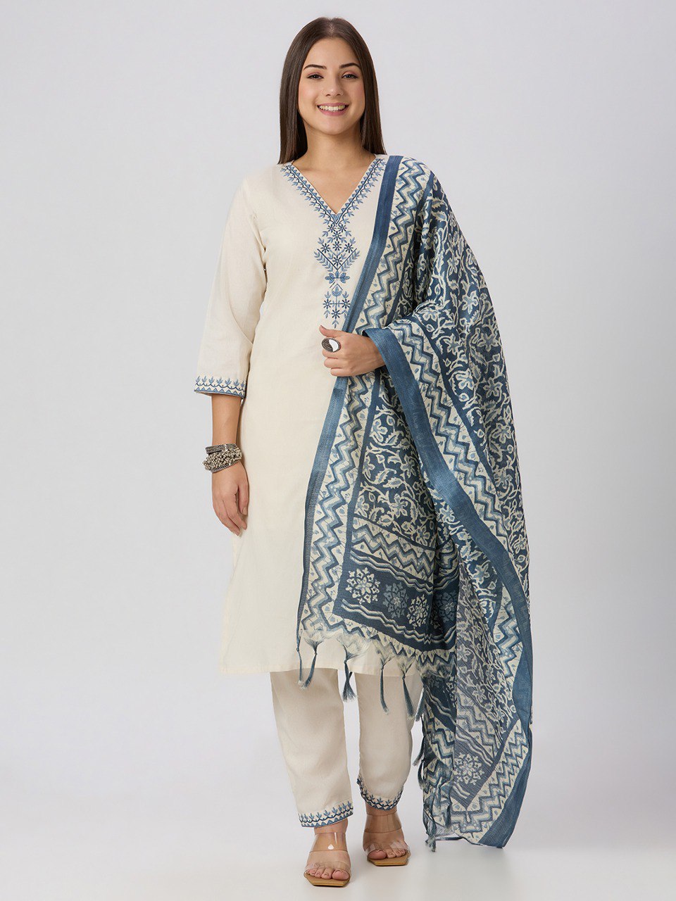 Scrupulous Festive Wear Cotton Embroidery Work Designer Straight Kurta With Trouser Dupatta Set