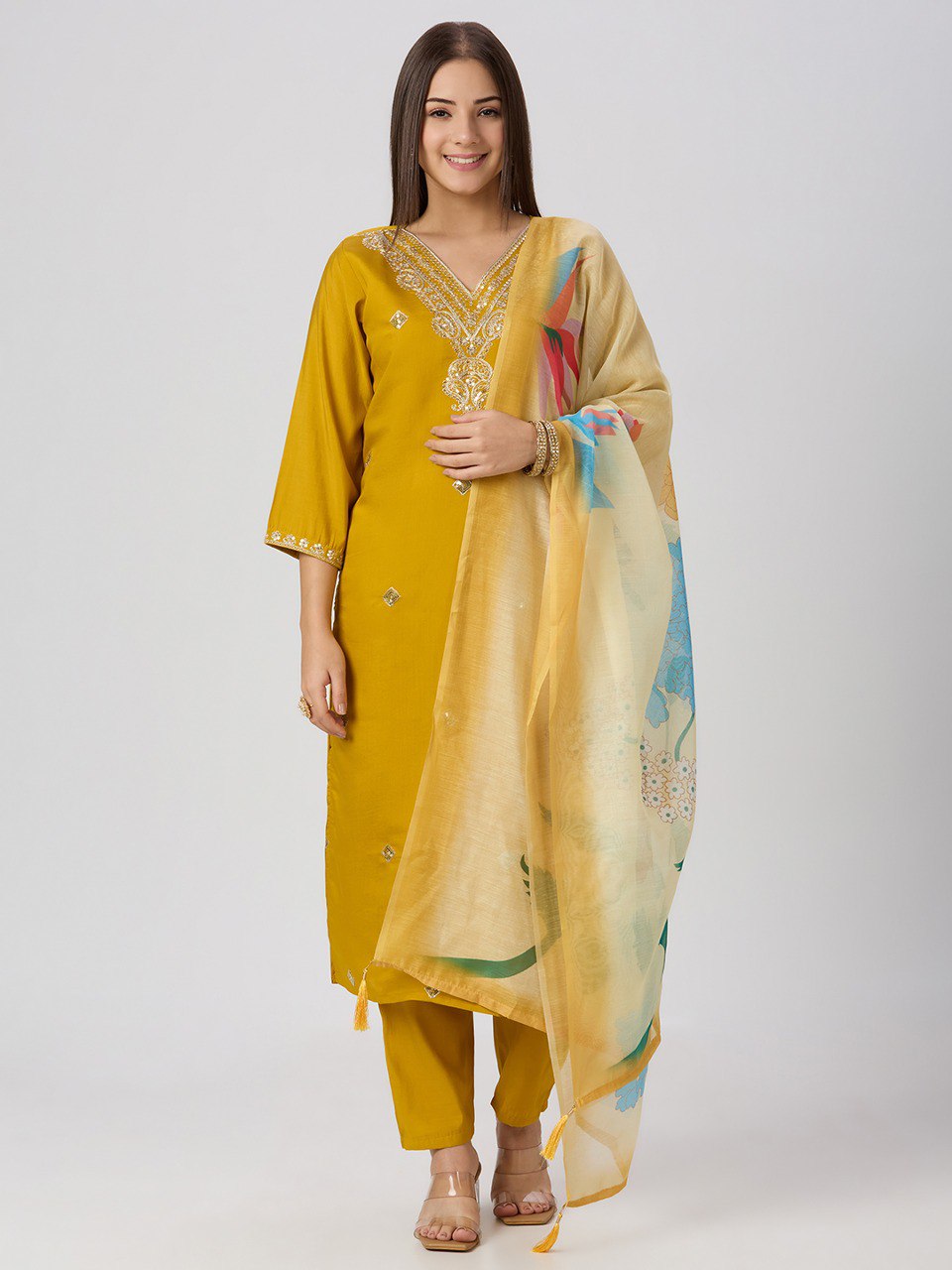 Forbearance Wedding Wear Roman Silk Embroidery n Sequence Work Designer Straight Kurta With Trouser n Dupatta Set