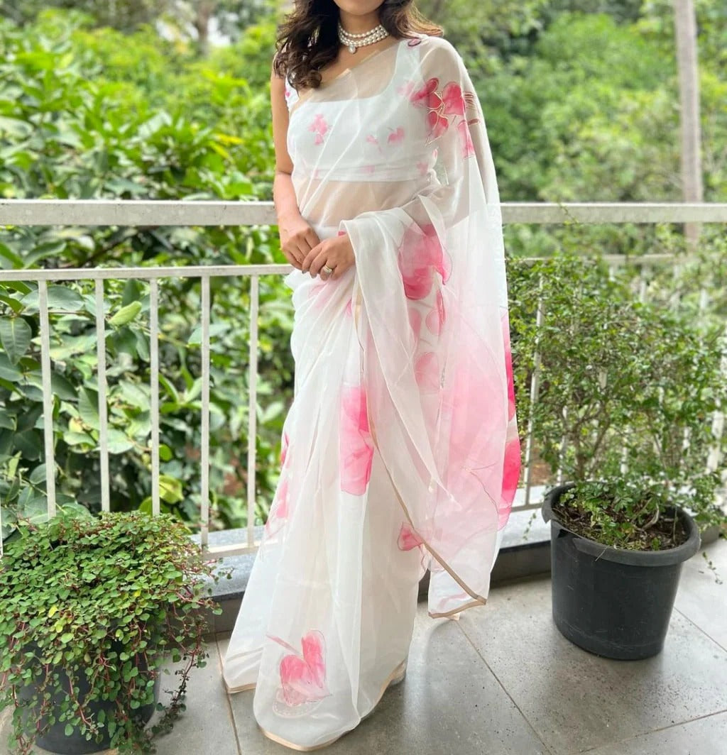 Party wear Organza Silk Floral Print n Foil Work Beautiful Rich Look Saree