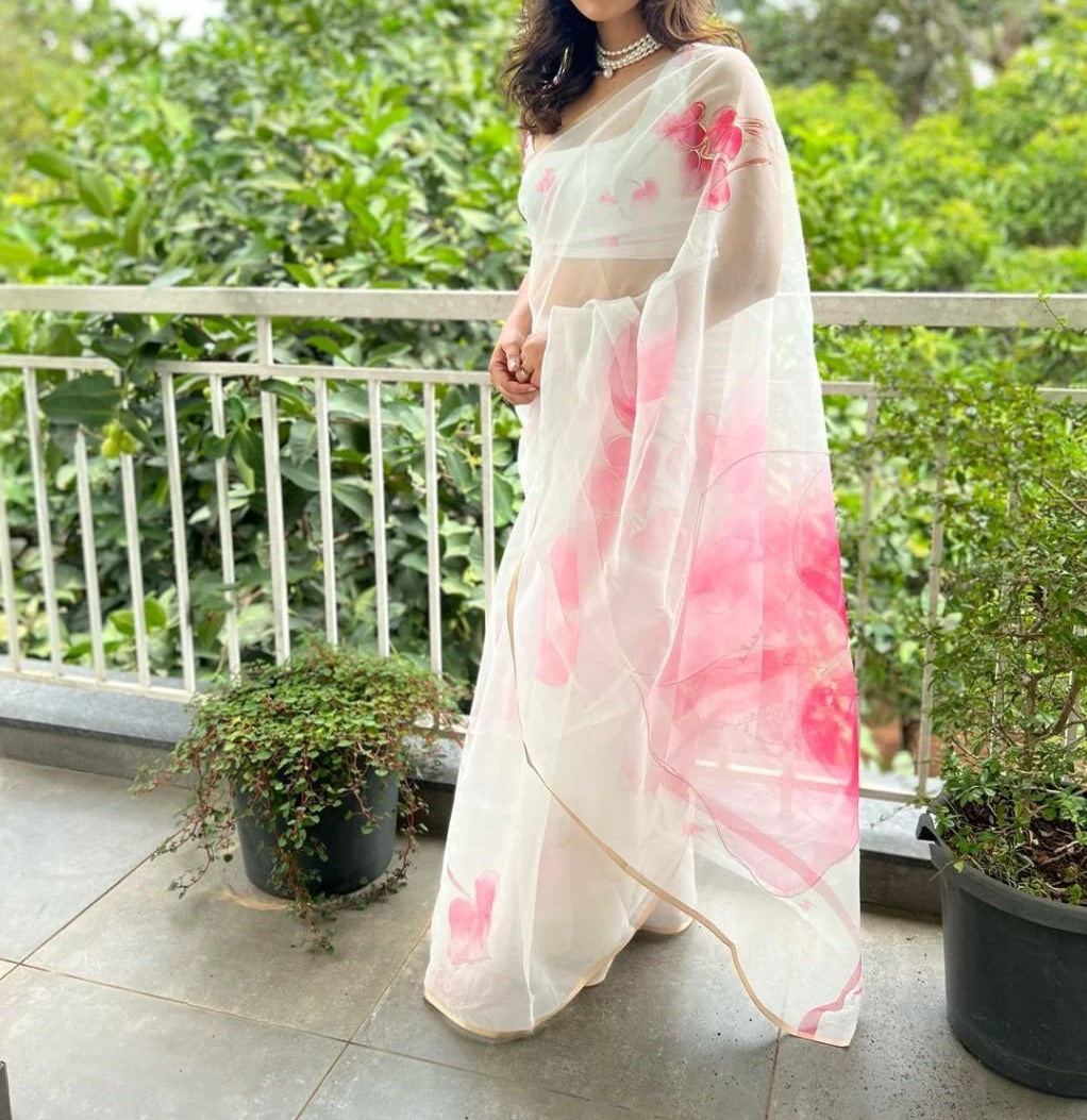 Party wear Organza Silk Floral Print n Foil Work Beautiful Rich Look Saree