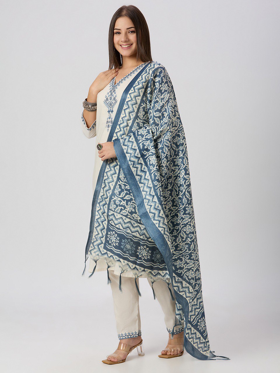 Scrupulous Festive Wear Cotton Embroidery Work Designer Straight Kurta With Trouser Dupatta Set
