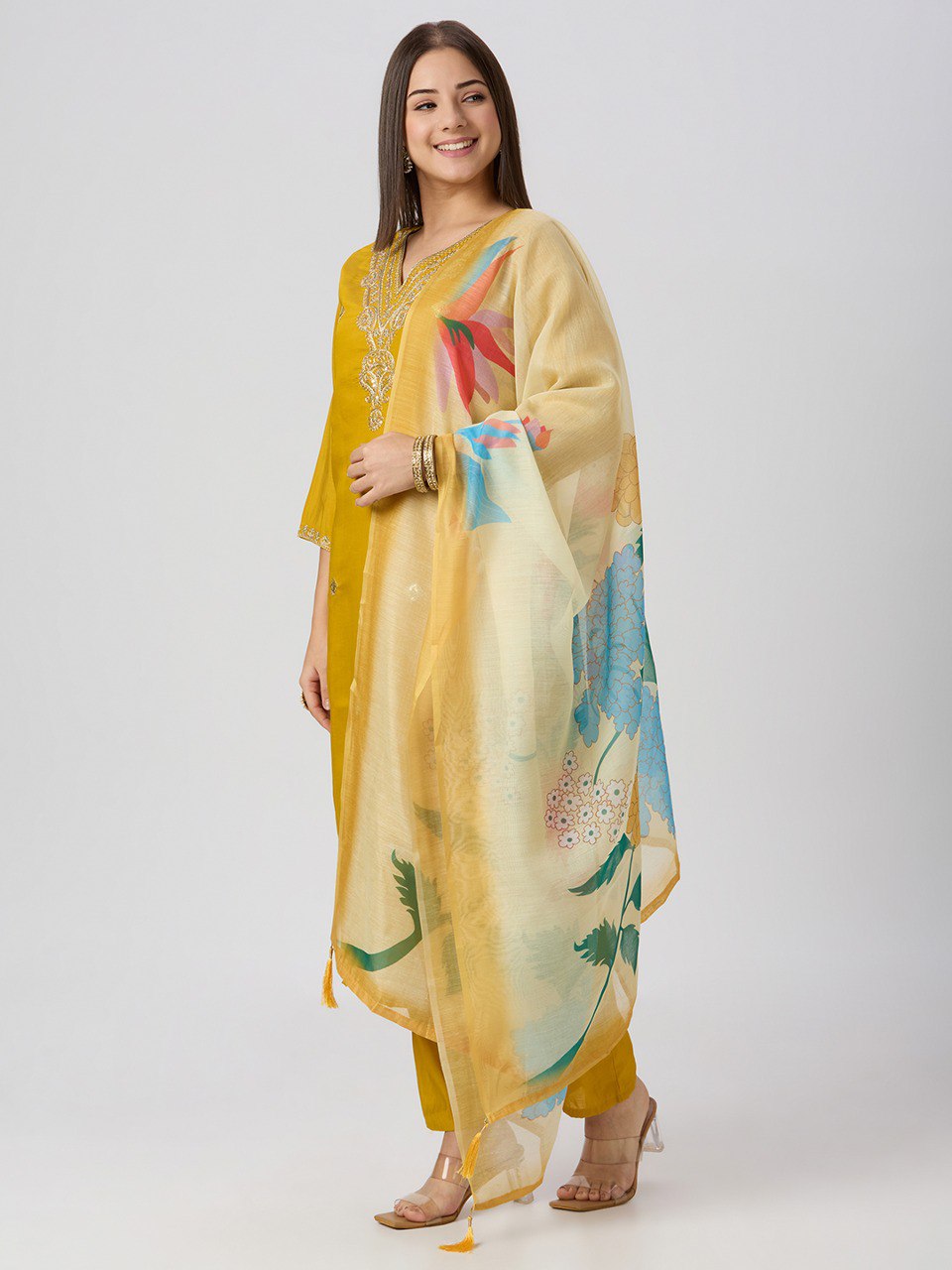 Forbearance Wedding Wear Roman Silk Embroidery n Sequence Work Designer Straight Kurta With Trouser n Dupatta Set