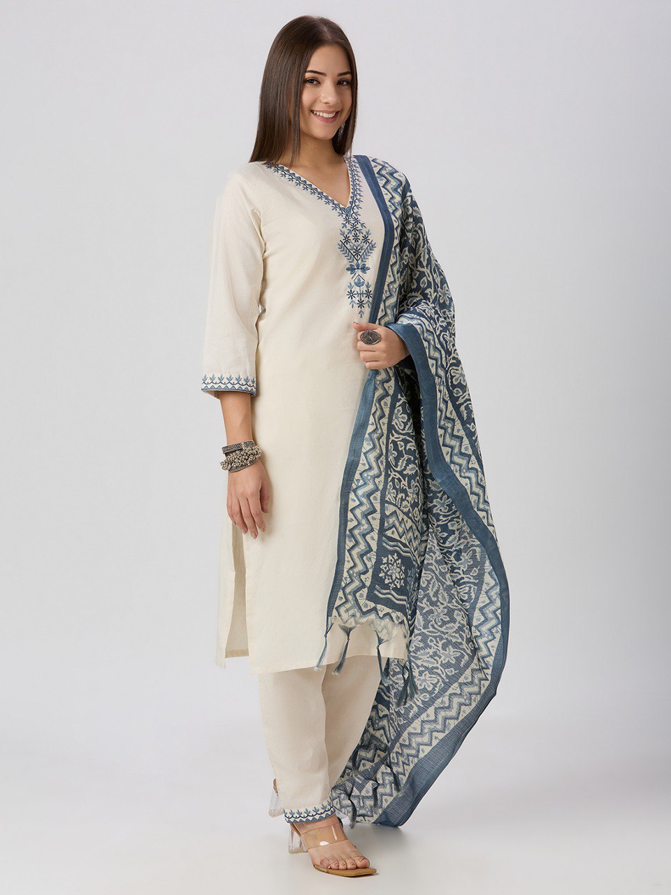 Scrupulous Festive Wear Cotton Embroidery Work Designer Straight Kurta With Trouser Dupatta Set