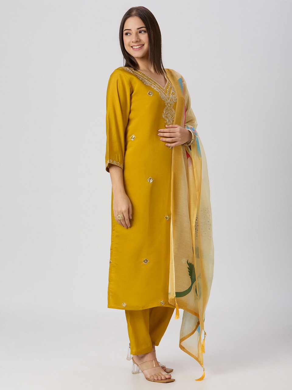 Forbearance Wedding Wear Roman Silk Embroidery n Sequence Work Designer Straight Kurta With Trouser n Dupatta Set
