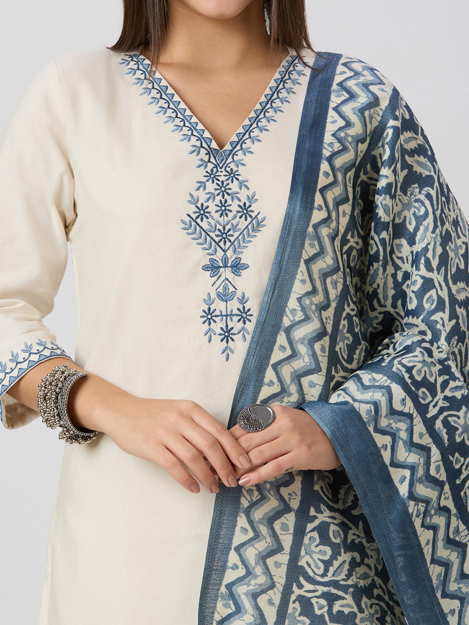 Scrupulous Festive Wear Cotton Embroidery Work Designer Straight Kurta With Trouser Dupatta Set
