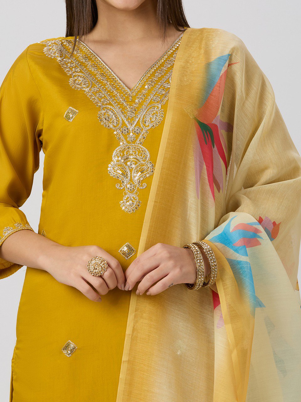 Forbearance Wedding Wear Roman Silk Embroidery n Sequence Work Designer Straight Kurta With Trouser n Dupatta Set