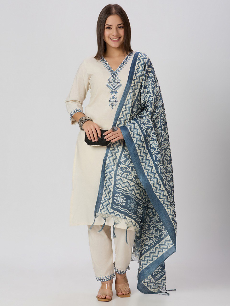Scrupulous Festive Wear Cotton Embroidery Work Designer Straight Kurta With Trouser Dupatta Set