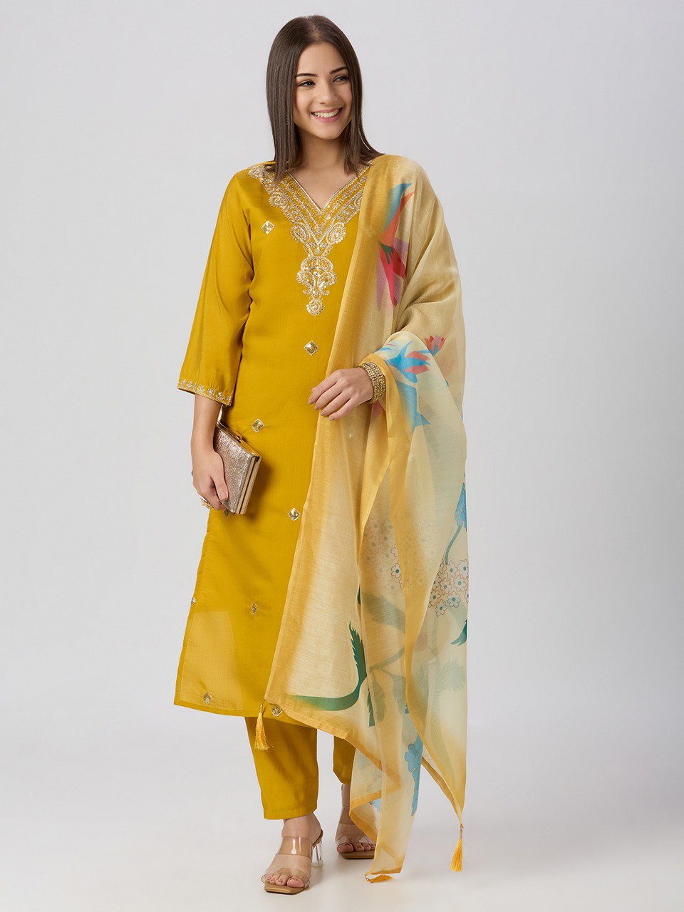 Forbearance Wedding Wear Roman Silk Embroidery n Sequence Work Designer Straight Kurta With Trouser n Dupatta Set