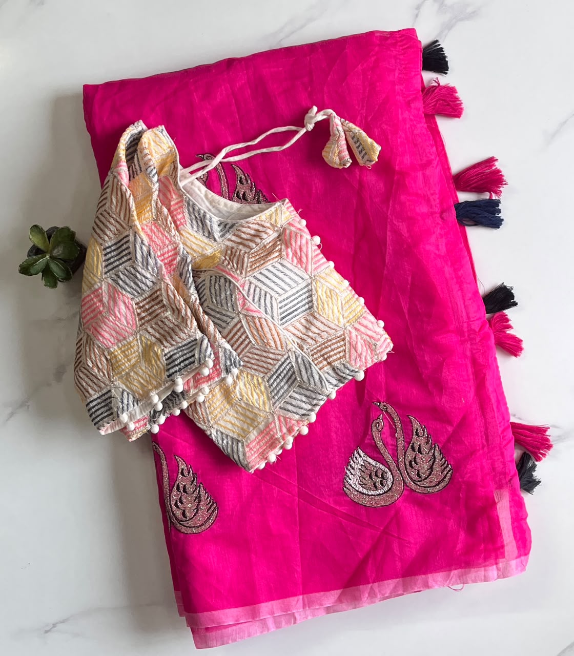 Fanctabulous Function Wear Chanderi Cotton Embroidery n Tussels Work Fancy Designer Saree With Stitched Blouse