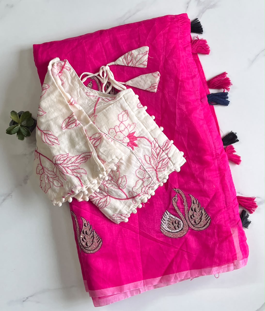 Fanctabulous Function Wear Chanderi Cotton Embroidery n Tussels Work Fancy Designer Saree With Stitched Blouse