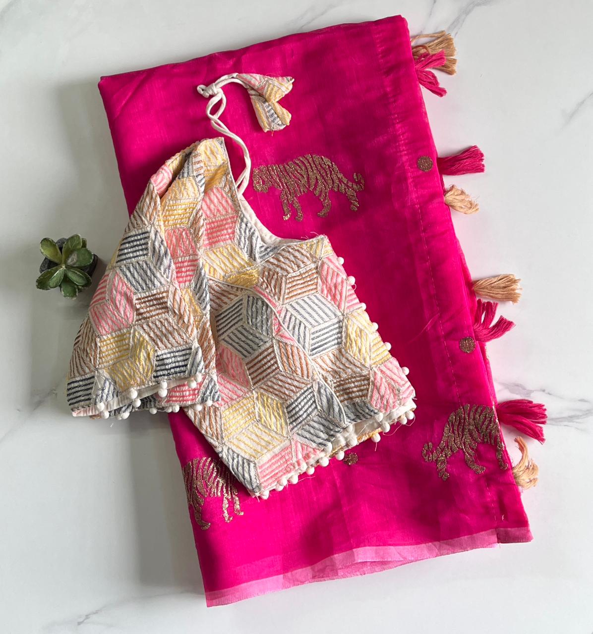 Charismatic Festive Wear Chanderi Cotton Embroidered n Tussels Work Designer Saree With Stitched Blouse