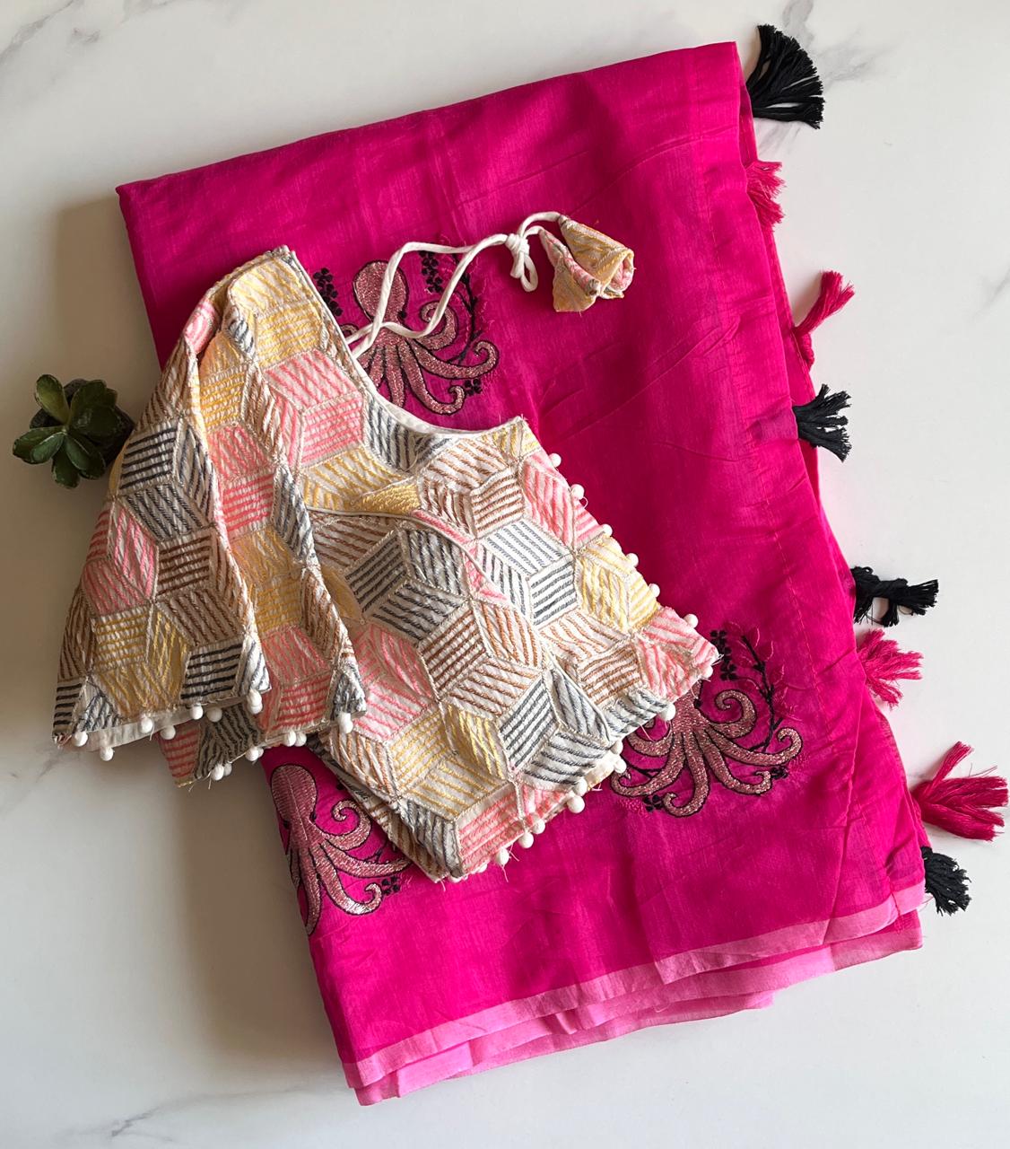 Desiring Function Wear Chanderi Cotton Embroidery n Tussels Work Fancy Saree With Stitched Blouse