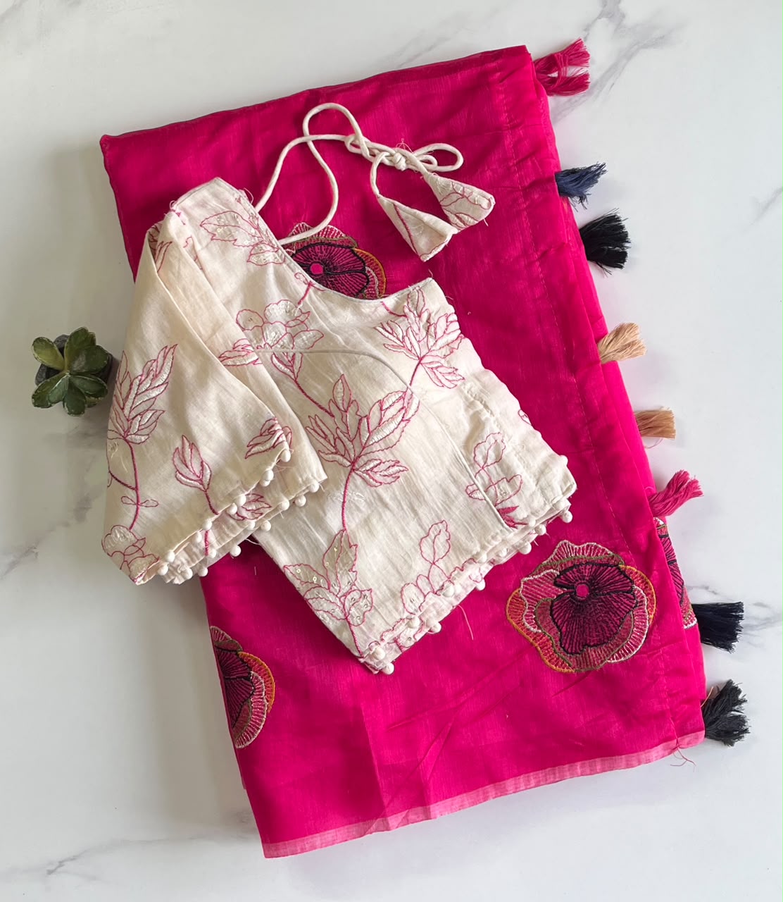 Fanctabulous Party Wear Chanderi Cotton Embroidery n Tussels Work Fancy Saree With Stitched Blouse