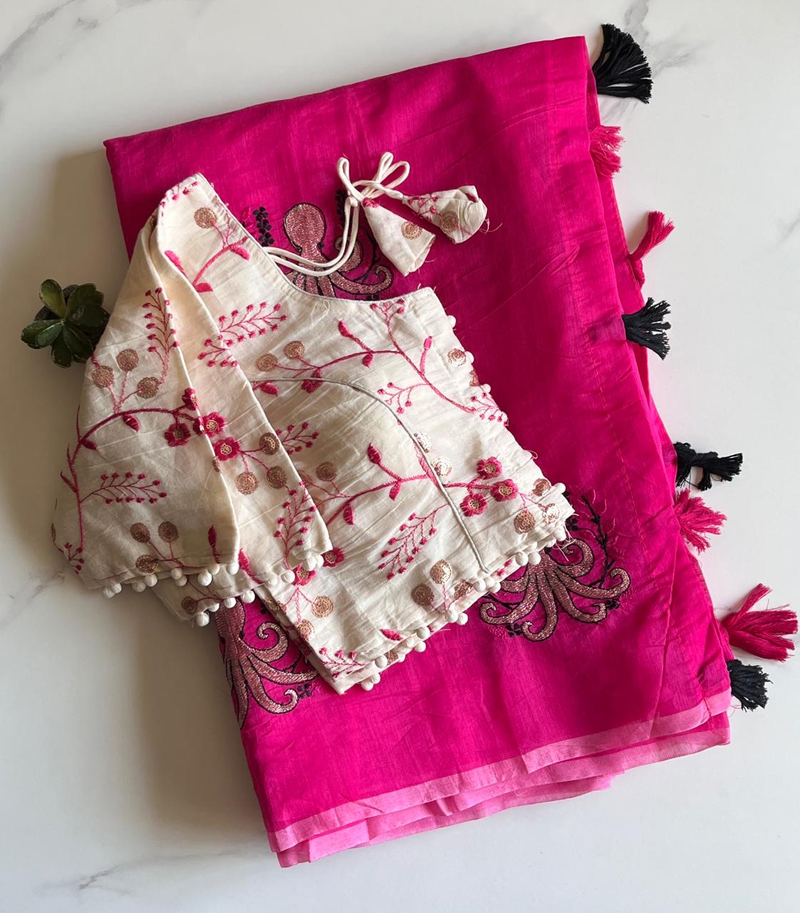 Desiring Function Wear Chanderi Cotton Embroidery n Tussels Work Fancy Saree With Stitched Blouse
